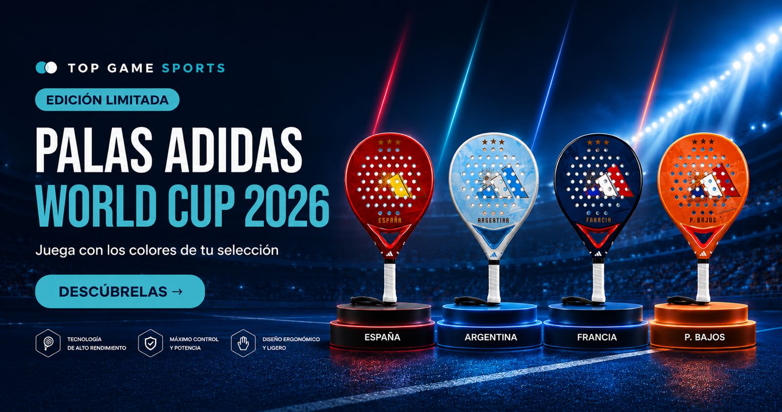 Palas de pádel adidas World Cup 2026 con los colores de España, Argentina, Francia y Países Bajos